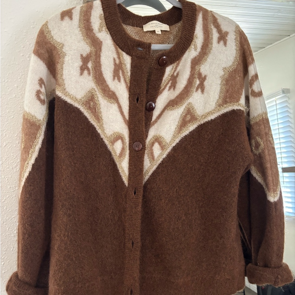 Sezane Brown and Cream Patterned Cardigan